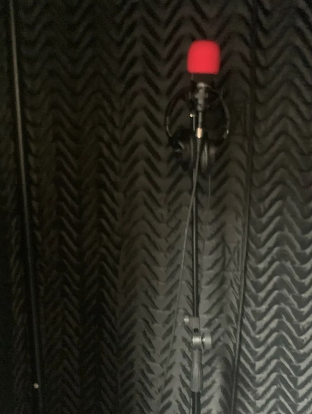 The vocal booth: a microphone with a red cover against black chevron acoustic panels